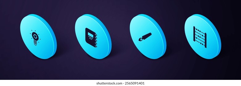 Set Isometric Abacus, Paint brush, Notebook and Light bulb icon. Vector