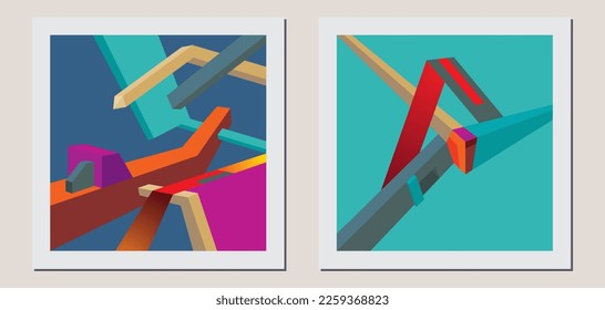 set of isometric abstract creative minimal artistic compositions ideal for wall decoration, as postcard or brochure design, vector illustration, clothes and others.