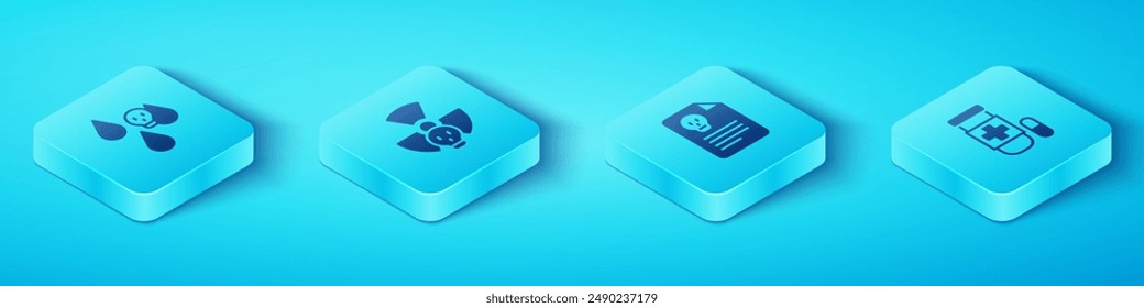 Set Isometric Acid rain, Radioactive, Antidote and Radiation warning document icon. Vector