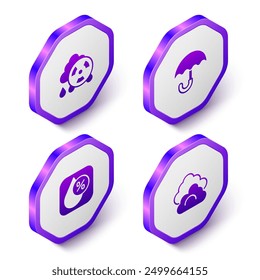 Set Isometric Acid rain radioactive cloud, Umbrella, Water drop percentage and Cloud icon. Purple hexagon button. Vector