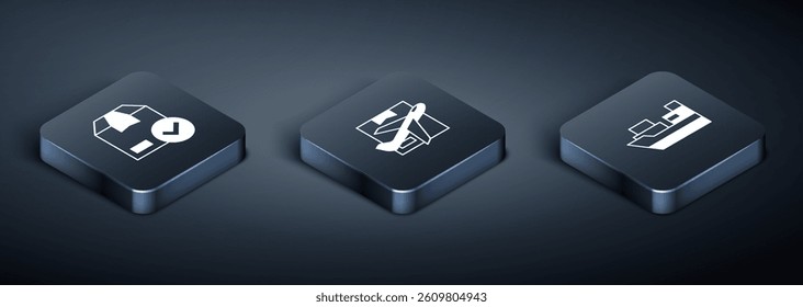Set Isometric ackage box with check mark, Cargo ship boxes delivery and Plane and cardboard icon. Vector