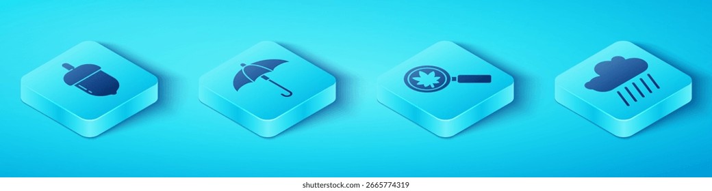 Conjunto de bellota isométrica, paraguas, nube con lluvia y lupa con icono de hoja. Vector
