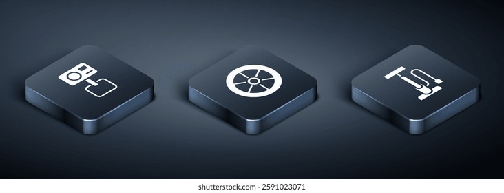 Set Isometric Action extreme camera, Bicycle air pump and wheel icon. Vector