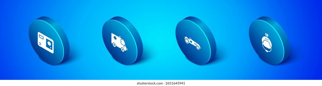 Set Isometric Action extreme camera, Vintage sport racing car, Helmet and action and Ambulance emergency icon. Vector