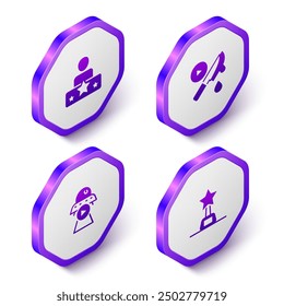 Estrella isométrica del actor, película de suspenso, ficción de Ciencia e ícono de trofeo de película. Botón hexagonal púrpura. Vector