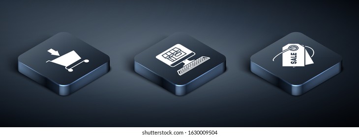 Set Isometric Add to Shopping cart, Price tag with an inscription Sale and Shopping building on screen computer icon. Vector