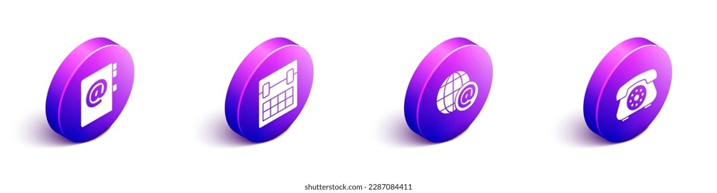 Set Isometric Address book, Calendar, Earth globe with mail and Telephone icon. Vector
