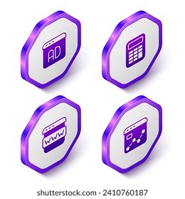 Set Isometric Advertising, Calculator, Browser window and Market analysis icon. Purple hexagon button. Vector