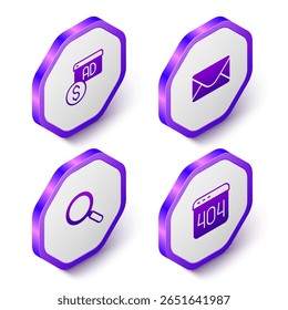 Defina Publicidade isométrica, Correio e e-mail, Lupa e Página com ícone de erro 404. Botão hexágono roxo. Vetor