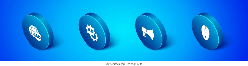 Set Isometric Advertising, Megaphone, Computer mouse and  icon. Vector