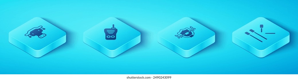 Set Isometric African buffalo head, Walkie talkie, Matches and Deer antlers on shield icon. Vector