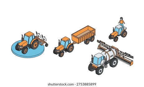 Set of isometric agricultural vehicles including tractors with attachments and a large sprayer used for modern farming and crop maintenance.