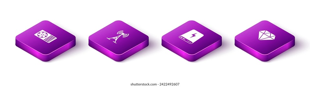 Set Isometric Air conditioner, Antenna, Power bank and Diamond icon. Vector