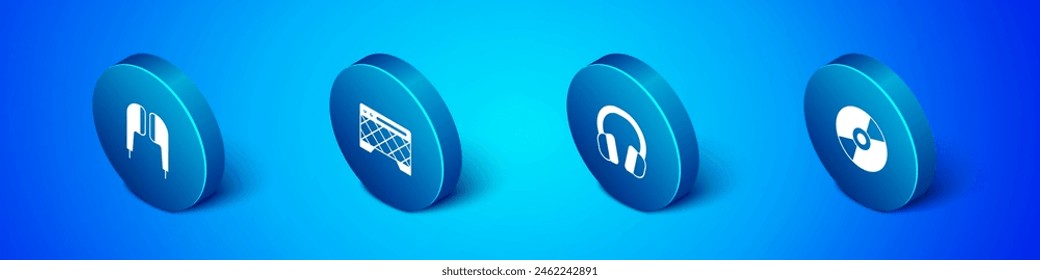 Set Isometric Air headphones, Headphones, Vinyl disk and Guitar amplifier icon. Vector