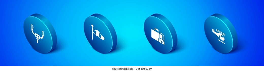 Set Isometric Aircraft steering helm, Suitcase, Helicopter and Cone meteorology windsock icon. Vector