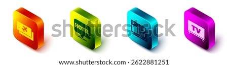 Set Isometric Airline ticket, Location hotel, Passport with visa stamp and Smart Tv icon. Vector