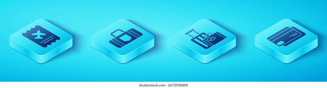 Set Isometric Airline ticket, Suitcase, Credit card and Suitcase icon. Vector
