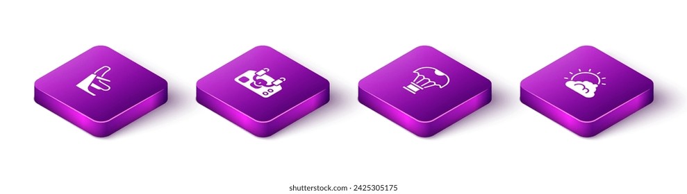 Set Isometric Airplane seat, Aircraft steering helm, Box flying on parachute and Sun and cloud weather icon. Vector