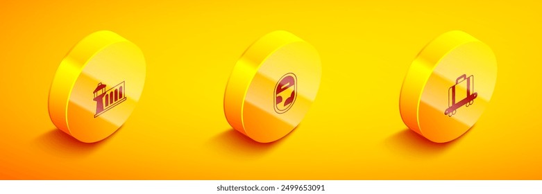 Set Isometric Airport control tower, Airplane window and Conveyor belt with suitcase icon. Vector