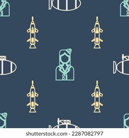Set Isometric Airship, Rocket and Stewardess icon. Vector