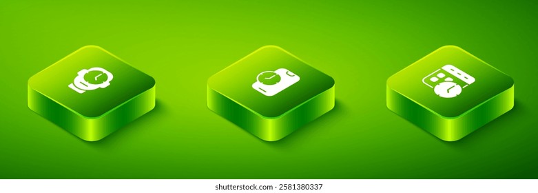Set Isometric Alarm clock app mobile, Calendar and and Clock icon. Vector