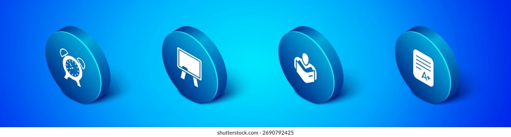 Ajuste o relógio de alarme isométrico, livro de leitura do homem, folha de exame com mais grau e ícone de quadro-negro. Vetor