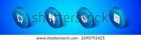 Set Isometric Alarm clock, Man reading book, Exam sheet with plus grade and Chalkboard icon. Vector