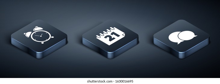Set Isometric Alarm clock, Speech bubble chat and Calendar icon. Vector