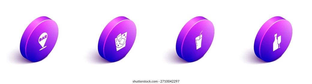 Set Isometric Alcohol bar location, Glass of whiskey, juice and Wine bottle with glass icon. Vector