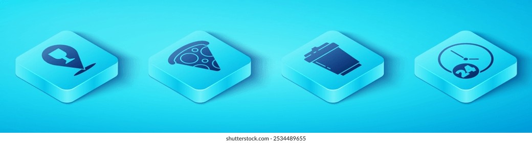 Set Isometric Alcohol or beer bar location, Slice of pizza, Clock 24 hours and Coffee cup to go icon. Vector