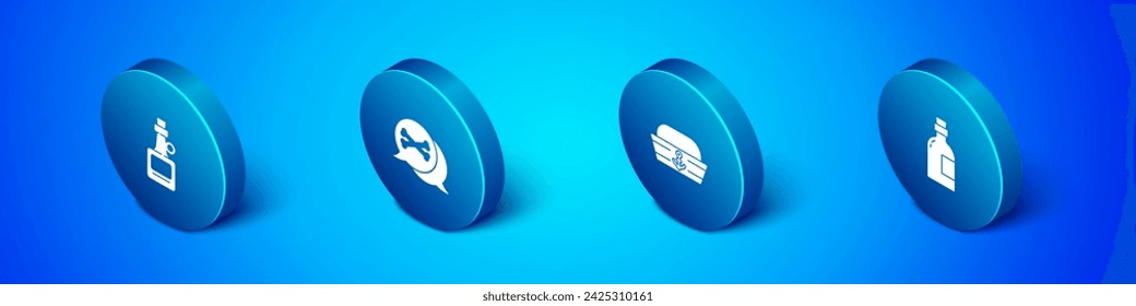 Set Isometric Alcohol drink Rum, Sailor hat,  and Location pirate icon. Vector