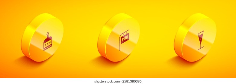 Set Isometric Alcohol drink Rum bottle, Street signboard with Pub and Glass of champagne icon. Vector
