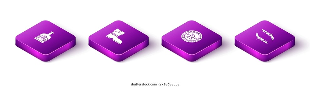 Botella de ron de bebida alcohólica isométrica, botas piratas de cuero, moneda pirata e ícono de pistolas Antiguas. Vector