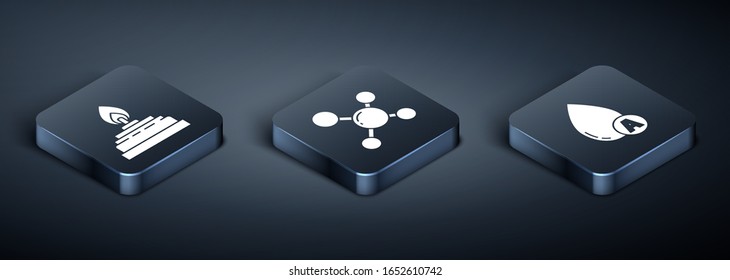 Set Isometric Alcohol or spirit burner, Water drop and Molecule icon. Vector