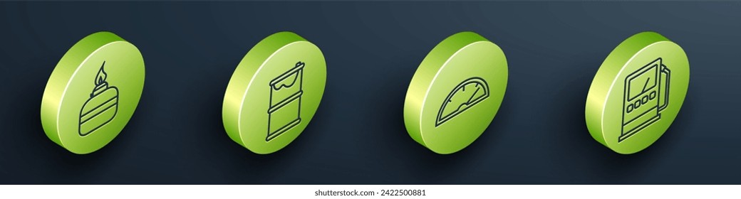 Set Isometric Alcohol or spirit burner, Barrel oil leak, Speedometer and Petrol or gas station icon. Vector