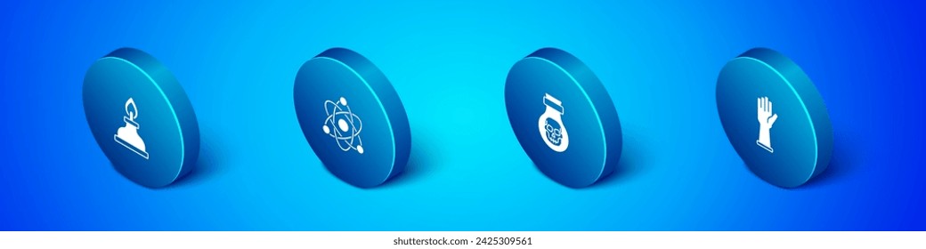 Set Isometric Alcohol or spirit burner, Poison in bottle, Medical rubber gloves and Atom icon. Vector