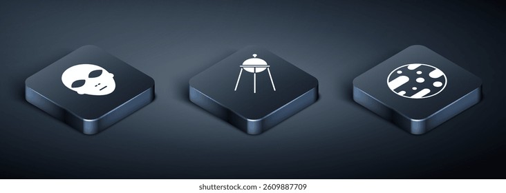 Set Isometric Alien, Planet Mars and Satellite icon. Vector