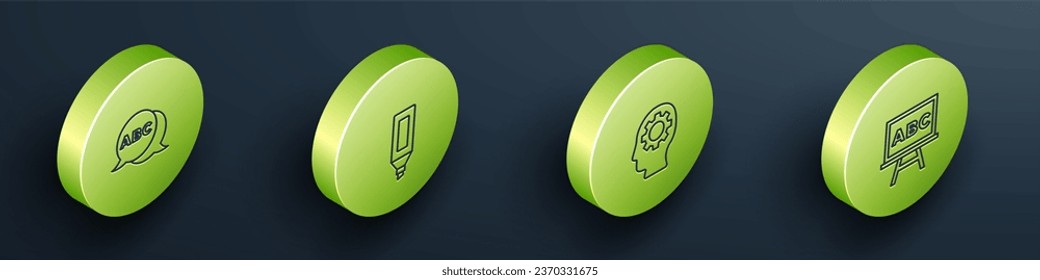 Ajuste el alfabeto isométrico, la pluma de marcador, la cabeza con engranajes dentro y el icono de la placa de calzado. Vector