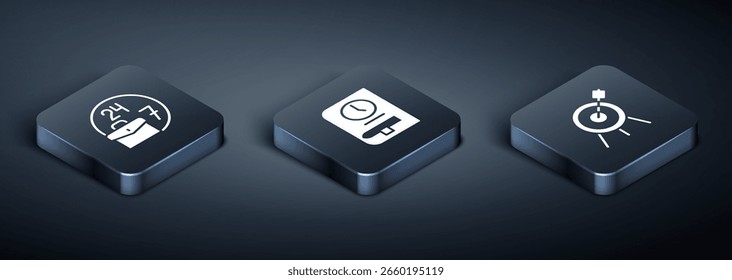 Definir Isométrico Sempre ocupado, Esporte de destino e Tempo para o ícone de livro. Vetor