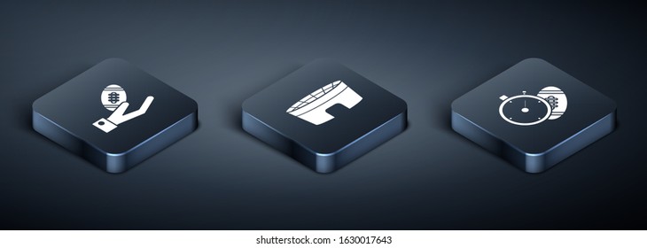 Set Isometric American Football ball on hand, American Football ball and stopwatch and Football stadium icon. Vector