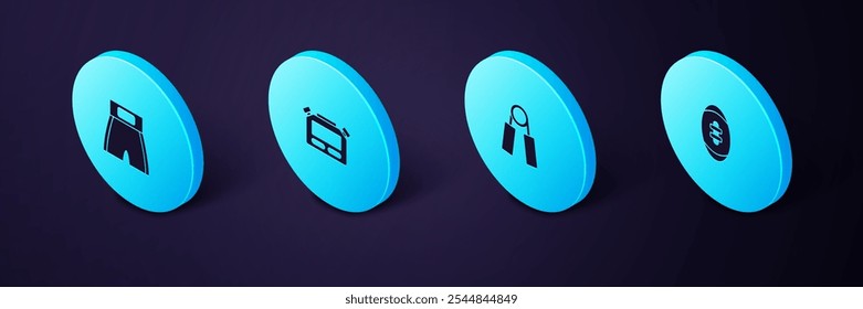 Set Isometric American Football ball, Sport expander, Stopwatch and Boxing short icon. Vector