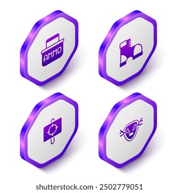 Set Isometric Ammunition box, Hunter boots, Target sport and Deer antlers shield icon. Purple hexagon button. Vector