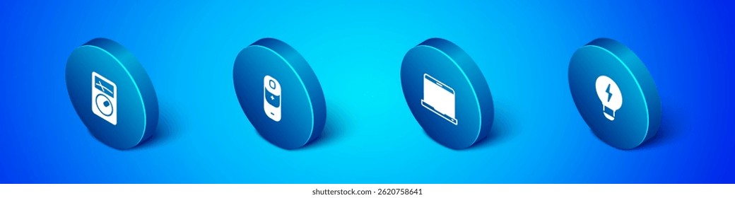 Set Isometric Ampere meter, multimeter, Laptop, Creative lamp light idea and Battery charge icon. Vector