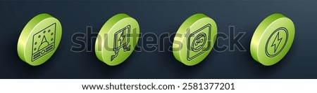 Set Isometric Ampere meter, multimeter, voltmeter, Electric transformer, Electrical outlet and Lightning bolt icon. Vector