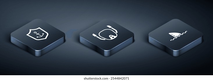 Set Isometric Anchor inside shield, Shark fin ocean wave and Diving mask icon. Vector