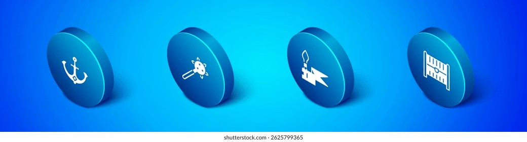 Set Isometrischer Anker, mittelalterlicher Speer, antike Schatztruhe und Mace mit Spikes-Symbol. Vektorgrafik