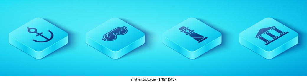Set Isometric Anchor, Ski goggles, Museum building and Lighthouse icon. Vector