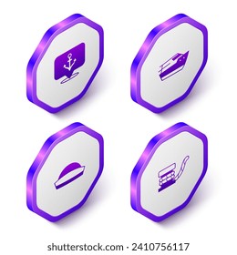 Set Isometric Anchor, Speedboat, Sailor hat and Marine bollard with rope icon. Purple hexagon button. Vector