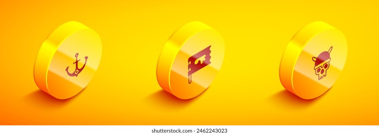 Set Isometric Anchor, Viking flag and Skull with viking helmet icon. Vector