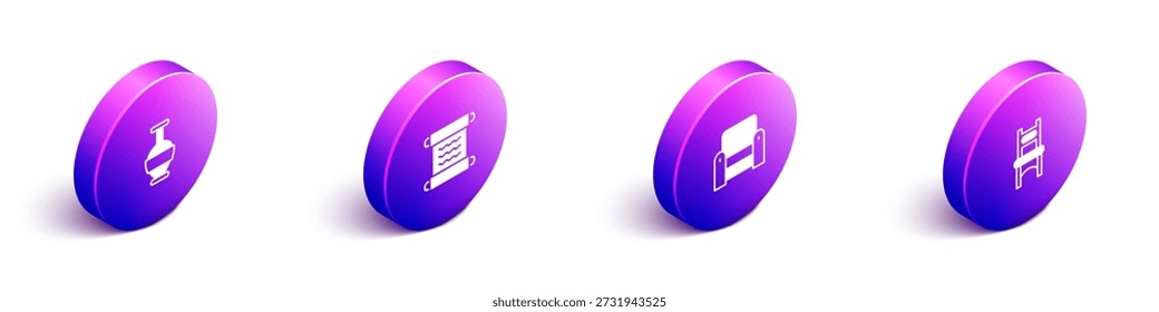 Conjunto de ánforas antiguas isométricas, rollo de papiro, sillón e icono de silla. Vector